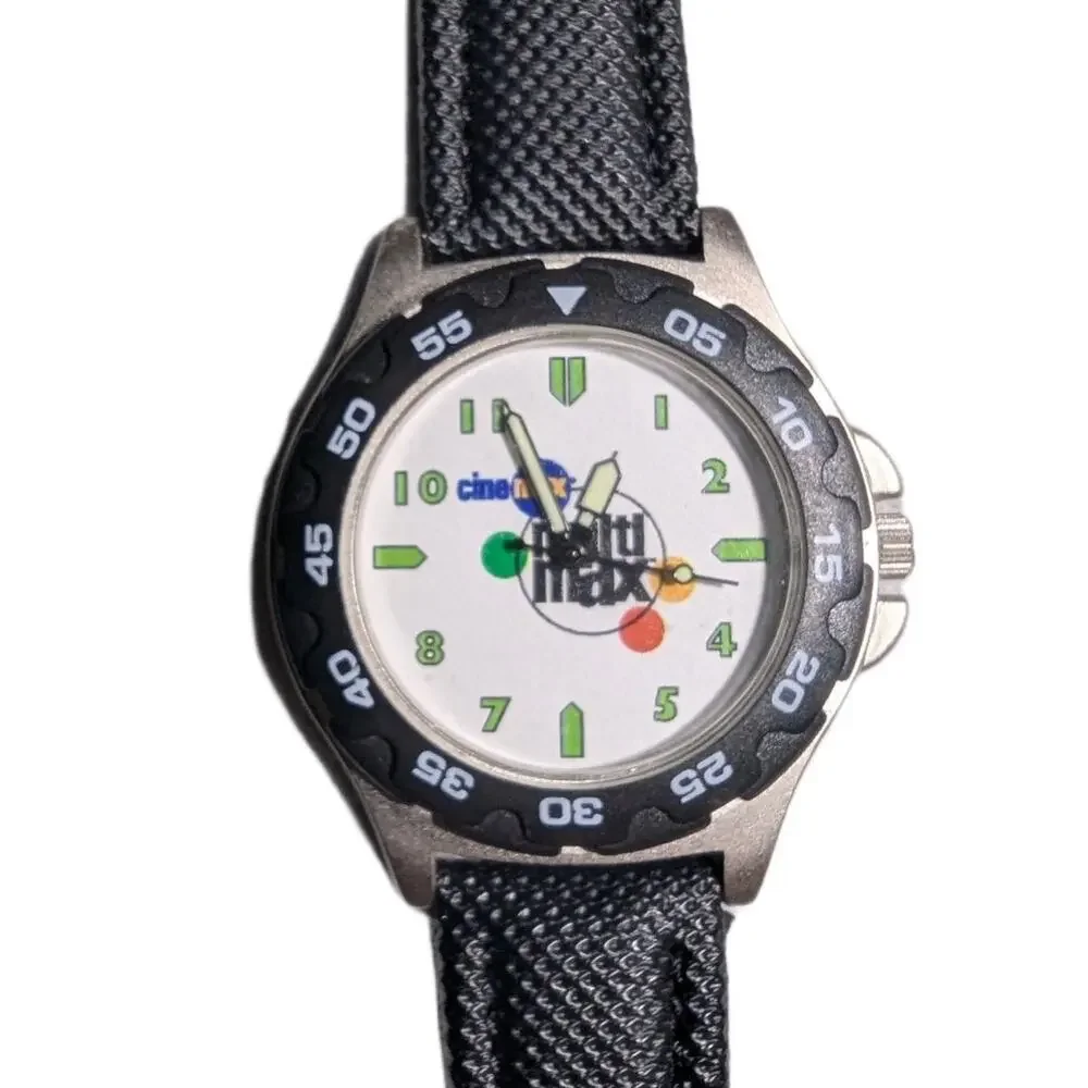 Vtg Y2K Cinemax Multimax Unisex Black Band Rotating Bezel Quartz Wrist Watch